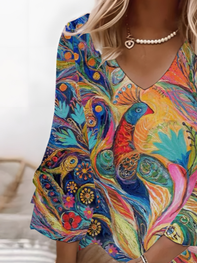 Femmes Phénix Comme Image Col V Confortable Imprimé Robe Mi-Longue Décontracté