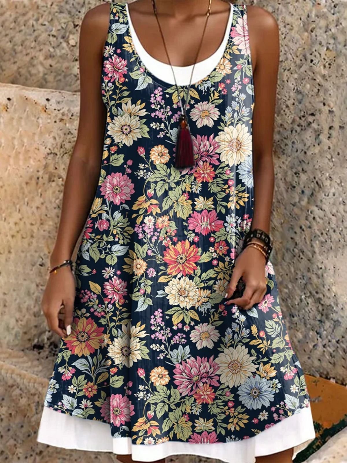 Femmes Floral Noir Col Rond Confortable Robe Mi-Longue Décontracté