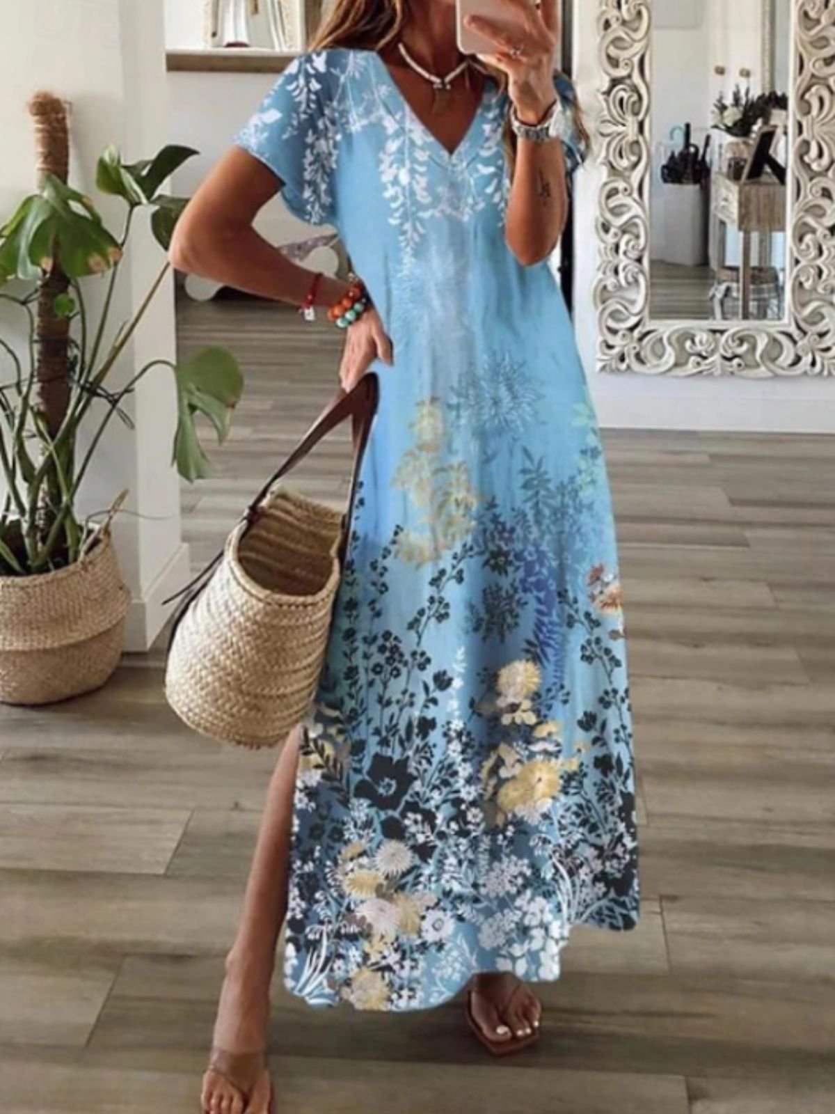Femmes Floral Bleu Col V Confortable Robe Maxi Décontracté