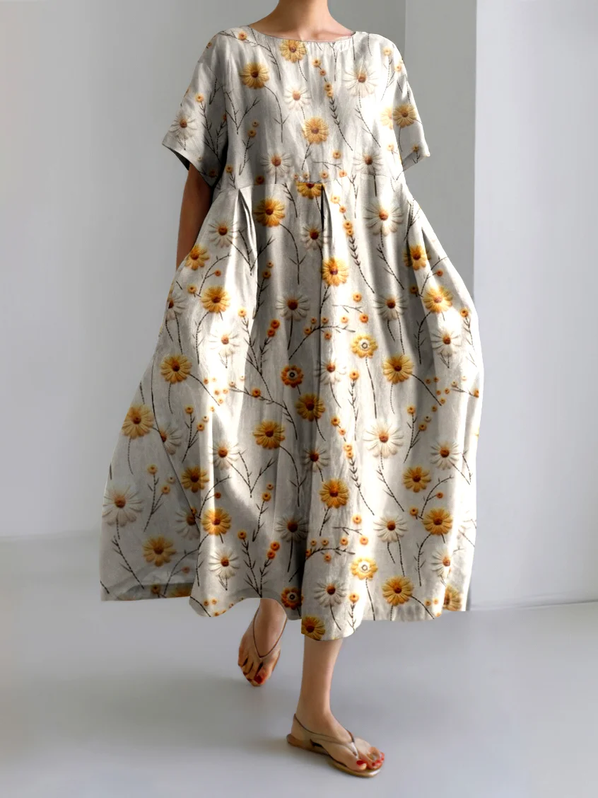 Femmes Floral Abricot Col Rond Confortable Robe Maxi Décontracté