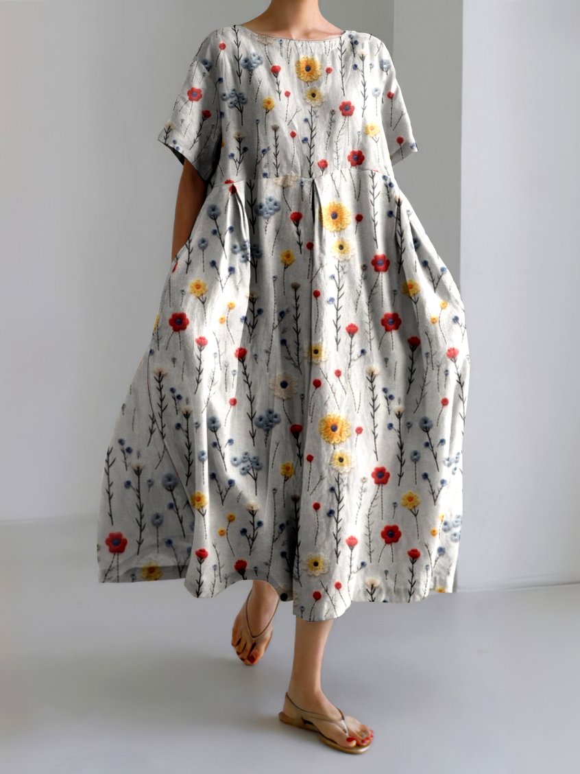 Femmes Floral Gris Clair Col Rond Confortable Robe Maxi Décontracté