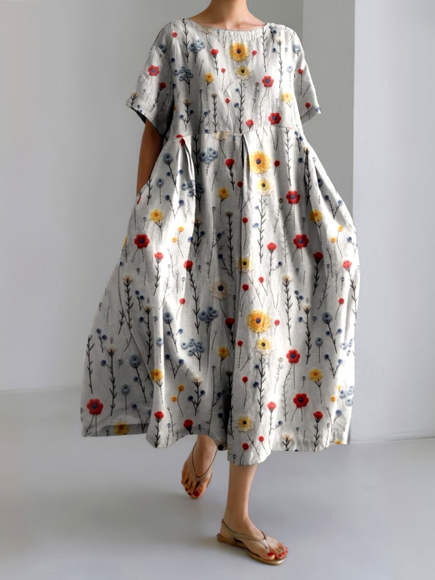 Femmes Floral Gris Clair Col Rond Confortable Robe Maxi Décontracté