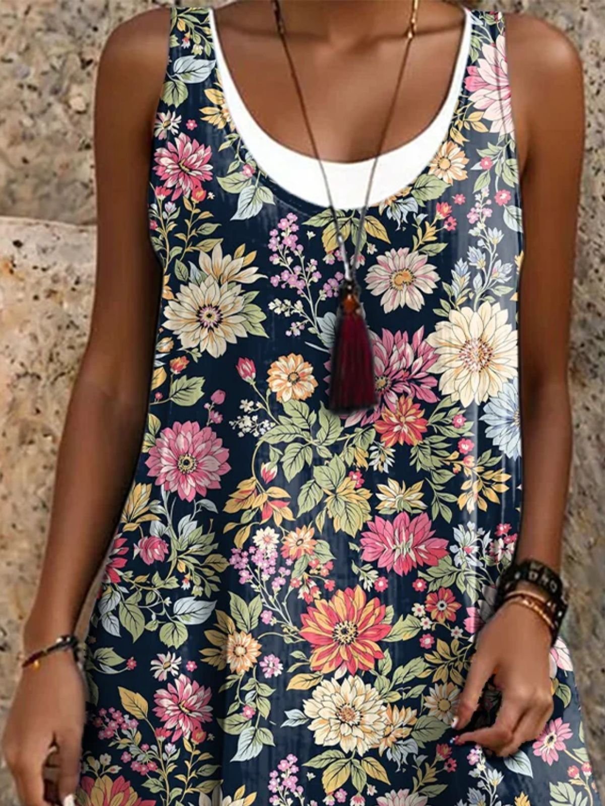 Femmes Floral Noir Col Rond Confortable Robe Mi-Longue Décontracté