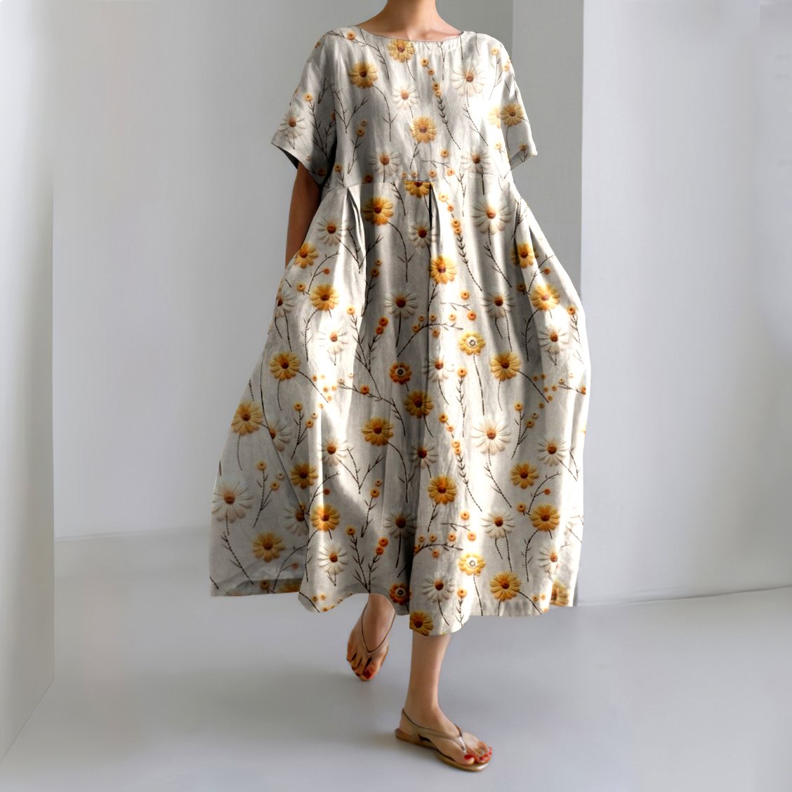 Femmes Floral Abricot Col Rond Confortable Robe Maxi Décontracté