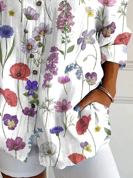 Chemises Décontracté Floral Printemps / Automne Quotidien Ample Manches Longues Boucle Col de Chemise T.-N.-L. pour Femmes