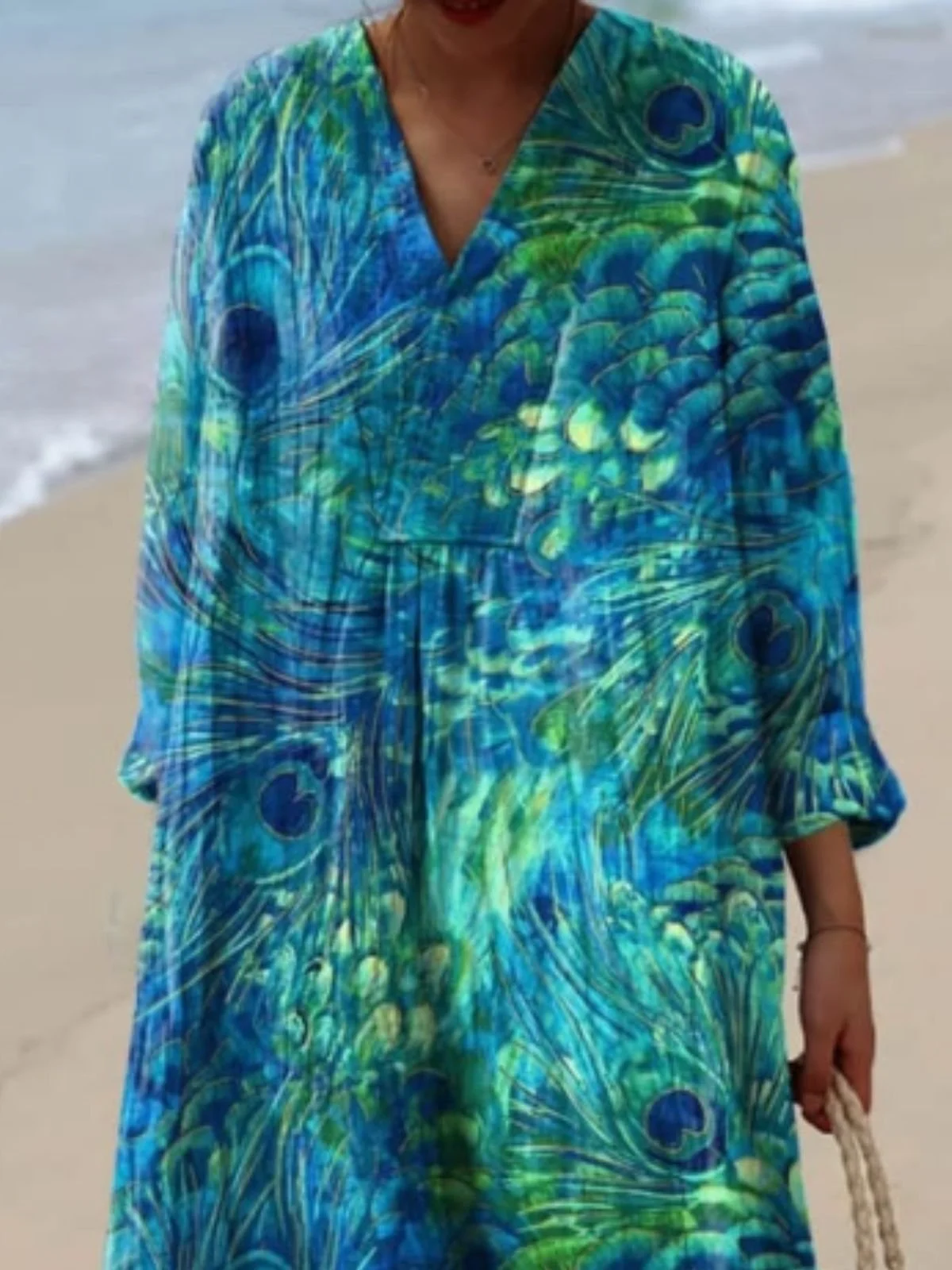 Femmes Plume Vert Col V Confortable Robe Maxi Décontracté
