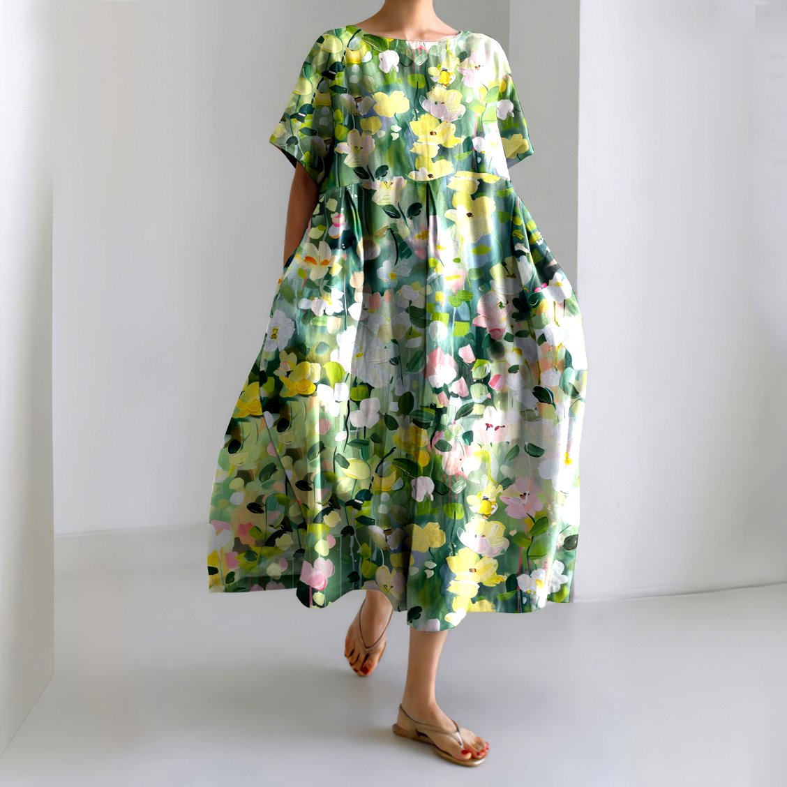 Femmes Floral Vert Col Rond Confortable Robe Maxi Décontracté