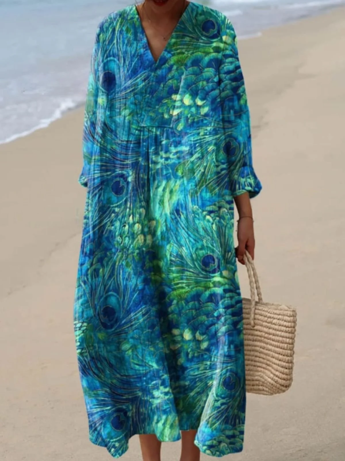 Femmes Plume Vert Col V Confortable Robe Maxi Décontracté