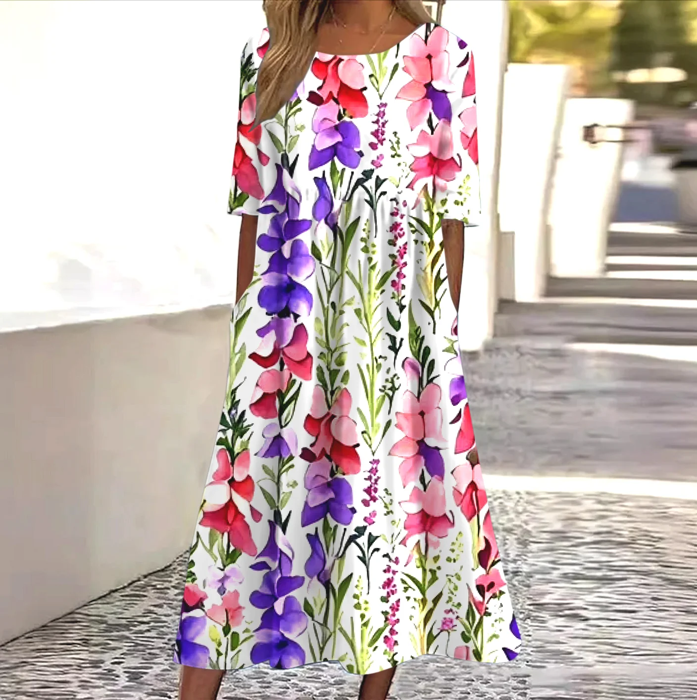 Femmes Floral Blanc Col Rond Confortable Robe Maxi Décontracté