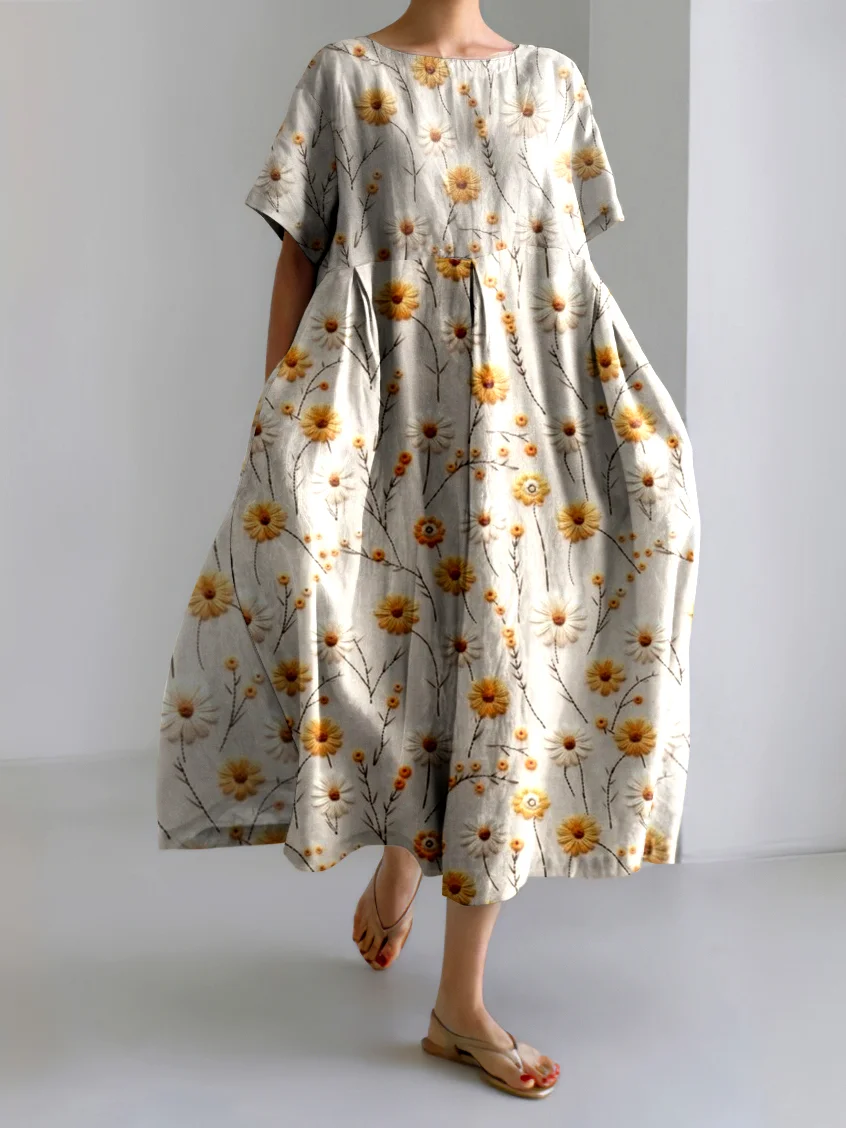 Femmes Floral Abricot Col Rond Confortable Robe Maxi Décontracté