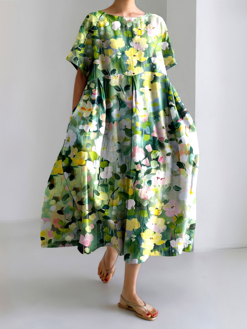 Femmes Floral Vert Col Rond Confortable Robe Maxi Décontracté