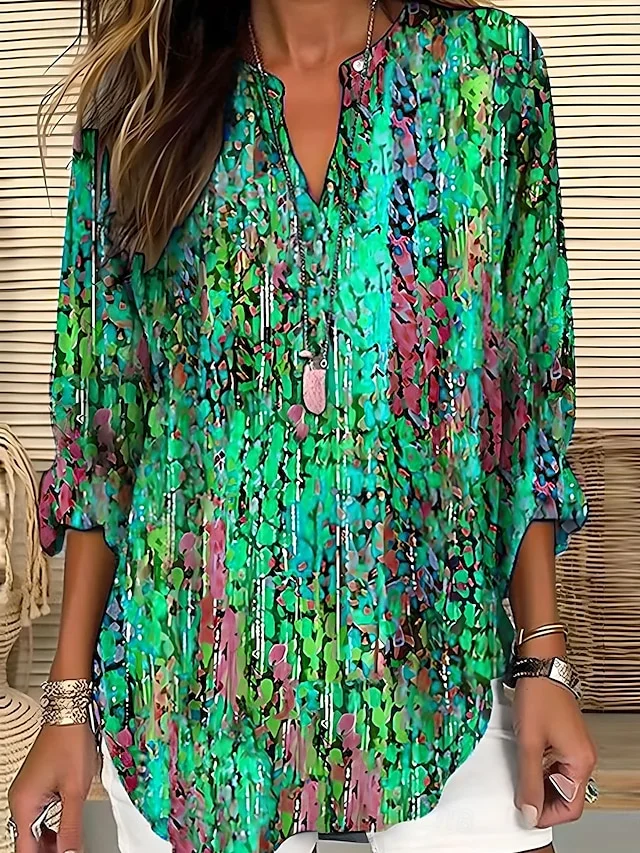 Blouses Femmes Géométrique Décontracté Été Polyester Aucune élasticité Ample Demi Manche Col Châle Régulier