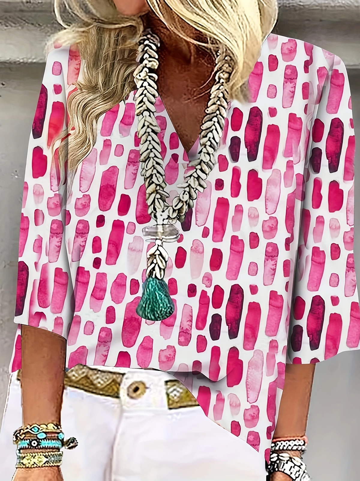 Blouses Géométrique Élégant Été Polyester Quotidien Ample Demi Manche Col Châle Droit pour Femmes
