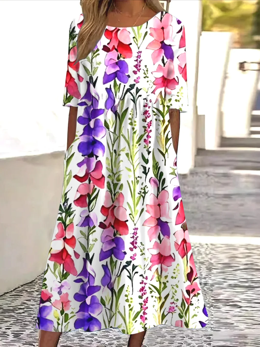 Femmes Floral Blanc Col Rond Confortable Robe Maxi Décontracté