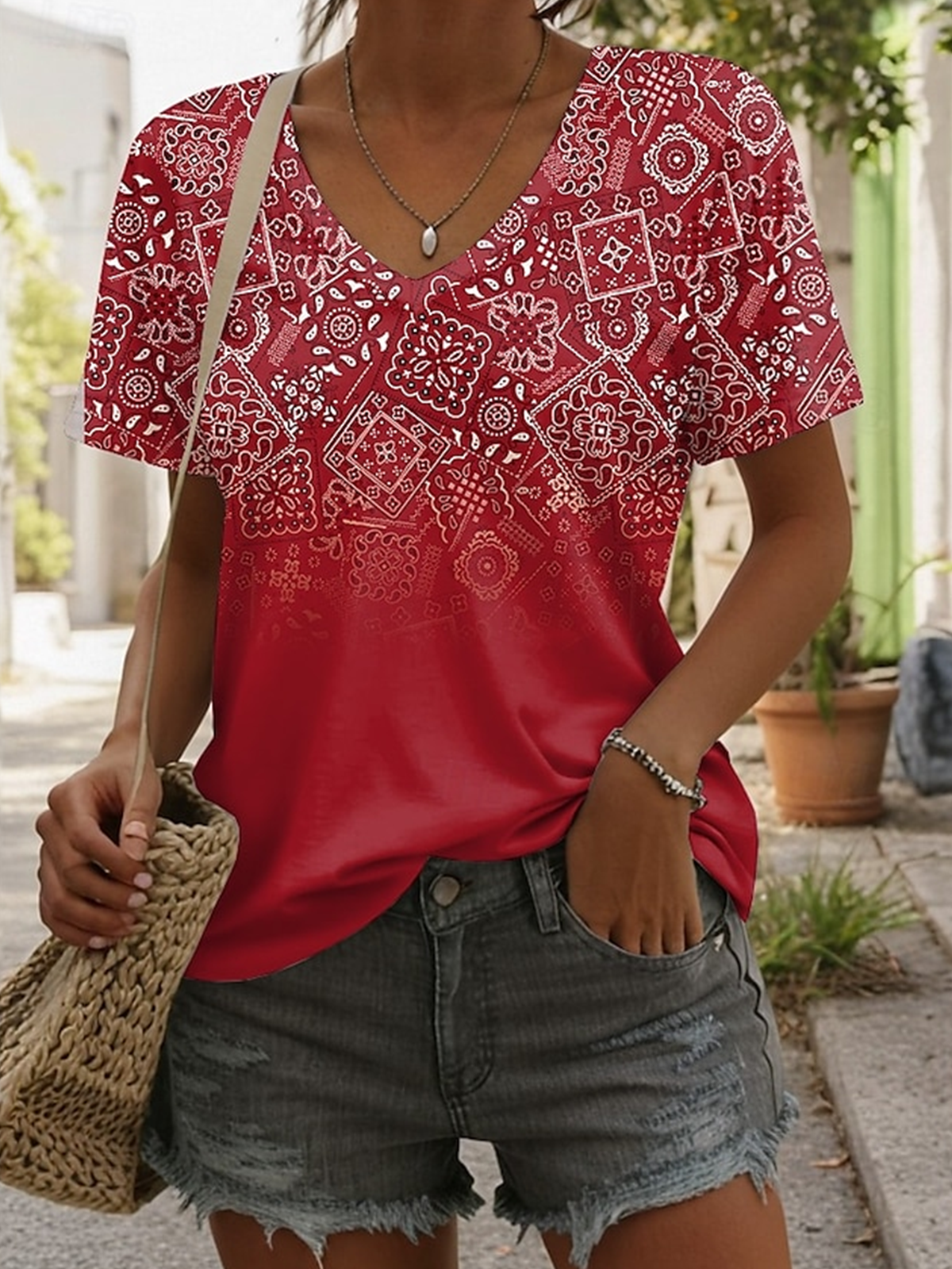 T-shirts Femmes Décontracté Été Ethnique Géométrie Polyester Col V Micro-élasticité Coupe Régulière Manches Courtes Régulier