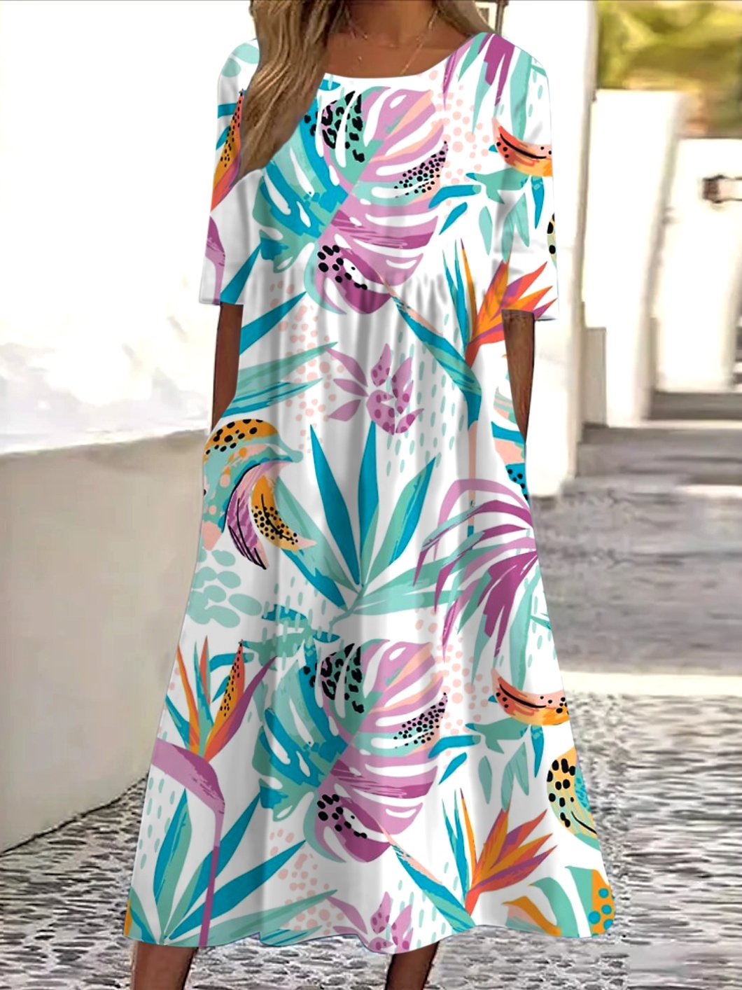Femmes Floral Blanc Col Rond Confortable Robe Maxi Décontracté