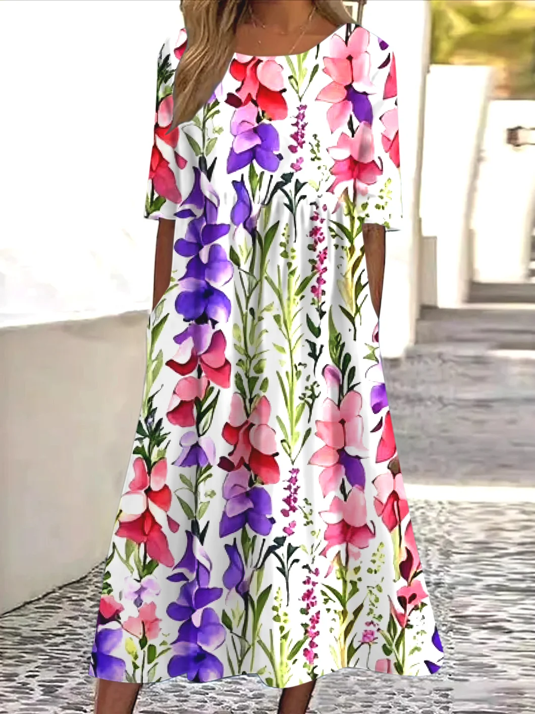 Femmes Floral Blanc Col Rond Confortable Robe Maxi Décontracté