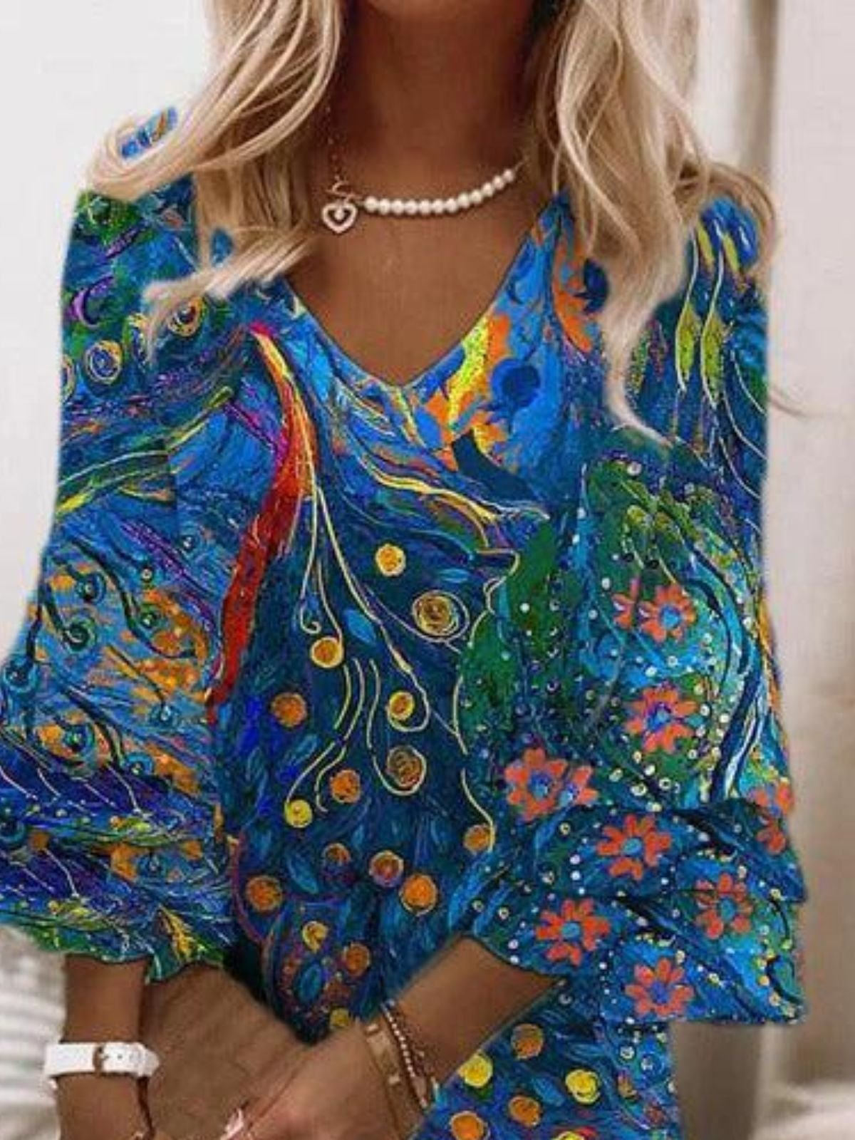 Femmes Floral Bleu Col V Confortable Robe Mi-Longue Boho