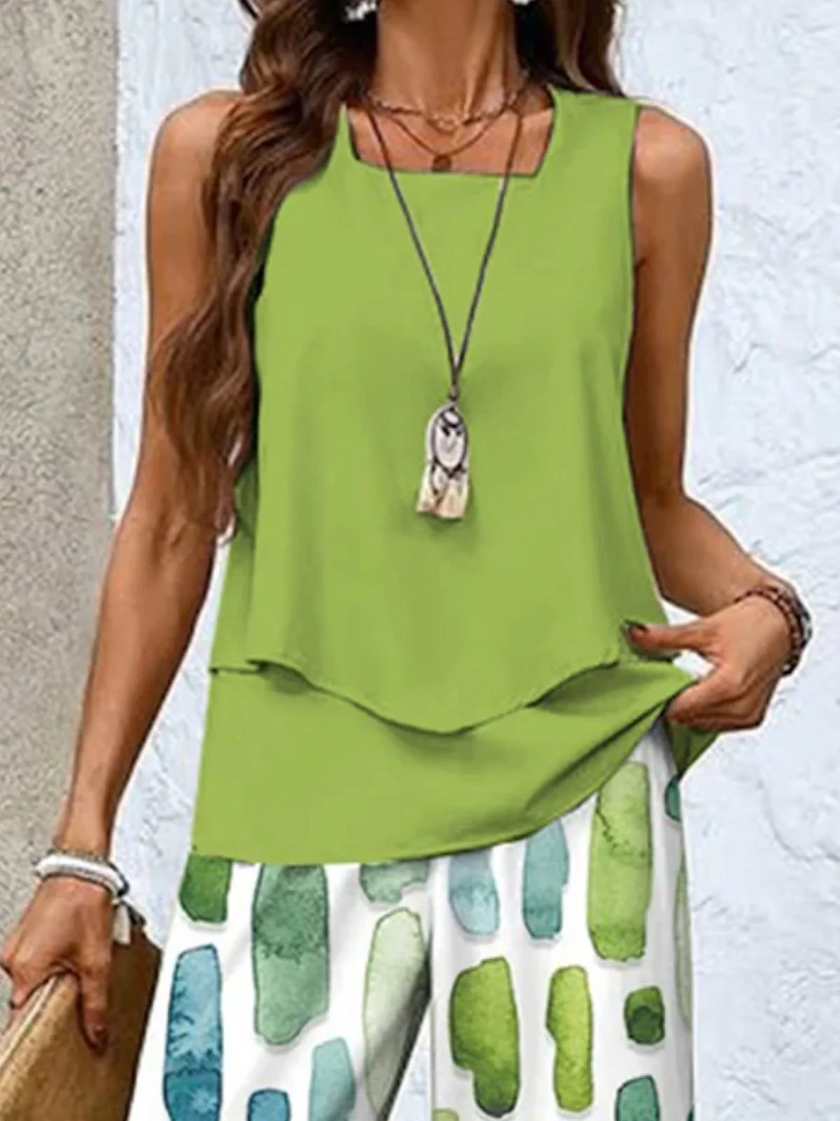 Deux Pièces Ensembles Femmes Vacances Ombre Été Polyester Naturel Rendez-Vous Col Rond Top Avec Pantalons Régulier