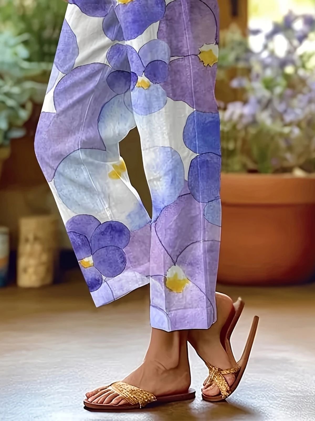Pantalons Décontracté Floral Printemps / Automne en Lin Micro-élasticité Domestique Coupe Régulière Droit Régulier pour Femmes