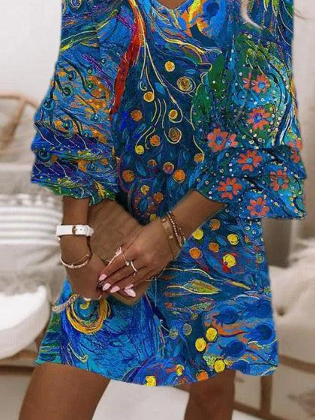 Femmes Floral Bleu Col V Confortable Robe Mi-Longue Boho