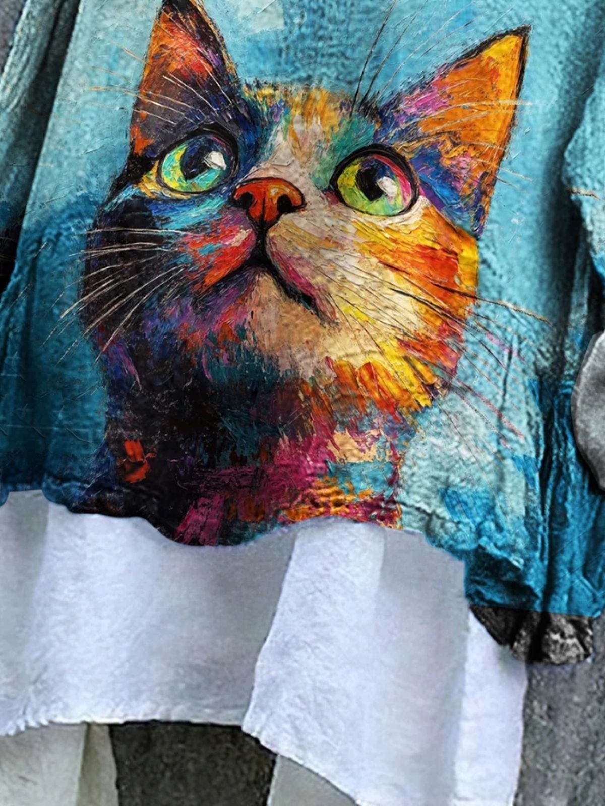 T-shirts en Lin Chat Printemps / Automne Coton Col V Micro-élasticité Ample Manches Longues Régulier pour Femmes