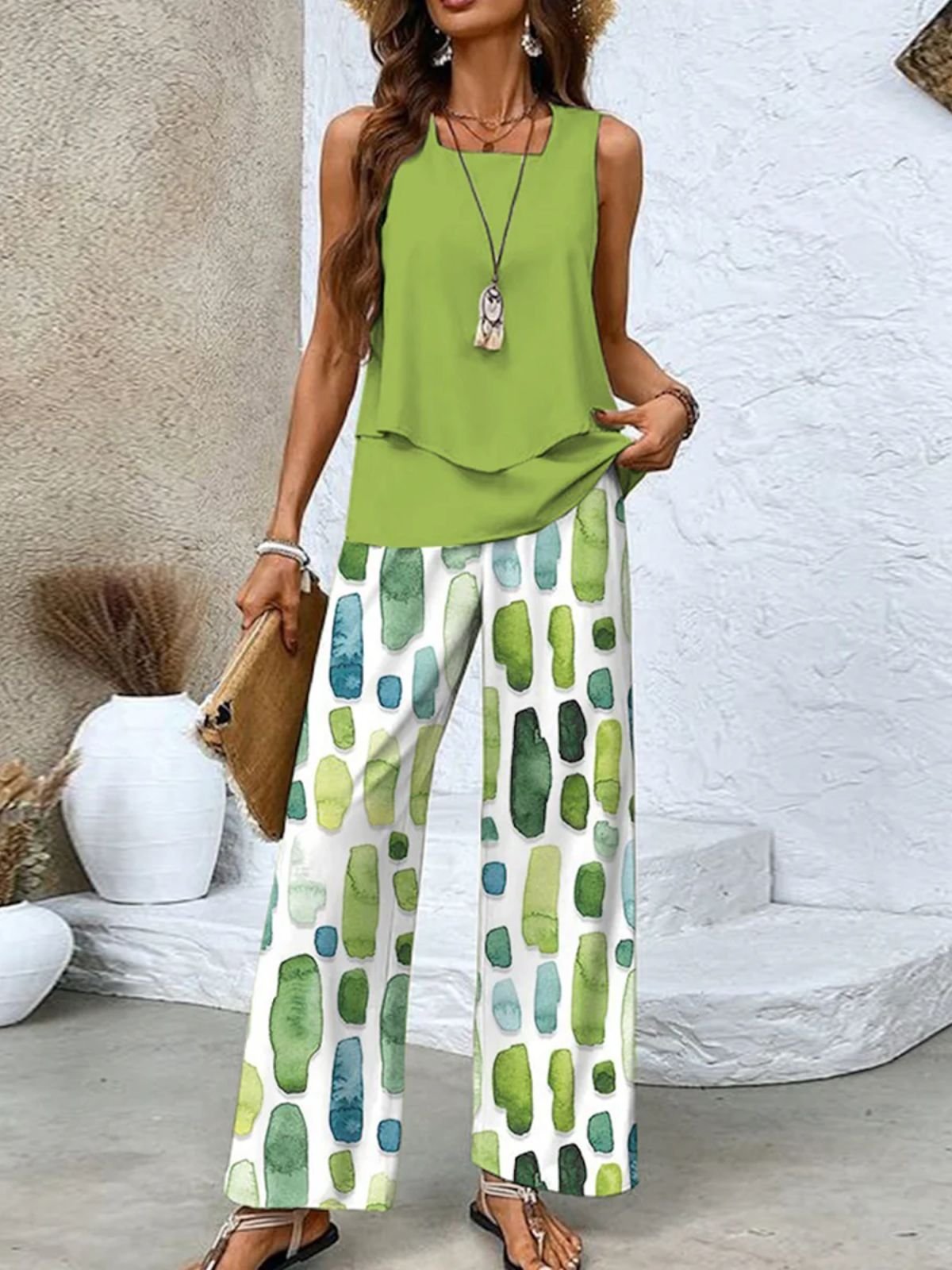 Deux Pièces Ensembles Femmes Vacances Ombre Été Polyester Naturel Rendez-Vous Col Rond Top Avec Pantalons Régulier