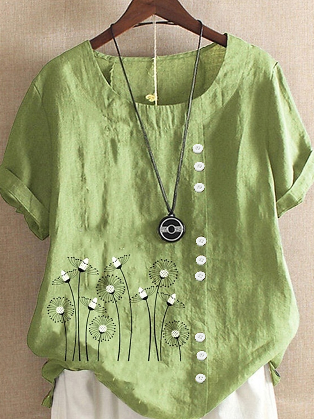 Blouses Décontracté Floral Été Coton Demi Manche Col Rond Régulier Droit Régulier pour Femmes