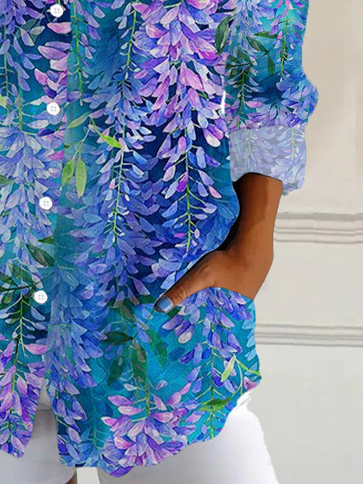 Chemises Femmes Décontracté Floral Printemps / Automne Ample Manches Longues Régulier Boucle Régulier Col de Chemise