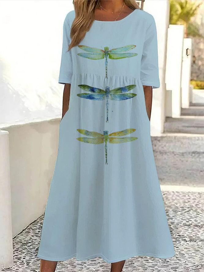 Femmes Libellule Blanc Col Rond Confortable Imprimé Robe Maxi Décontracté