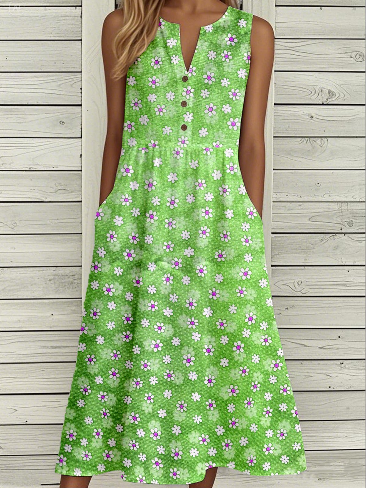 Femmes Floral Bleu Entaillé Confortable Boucle Robe Mi-Longue Décontracté