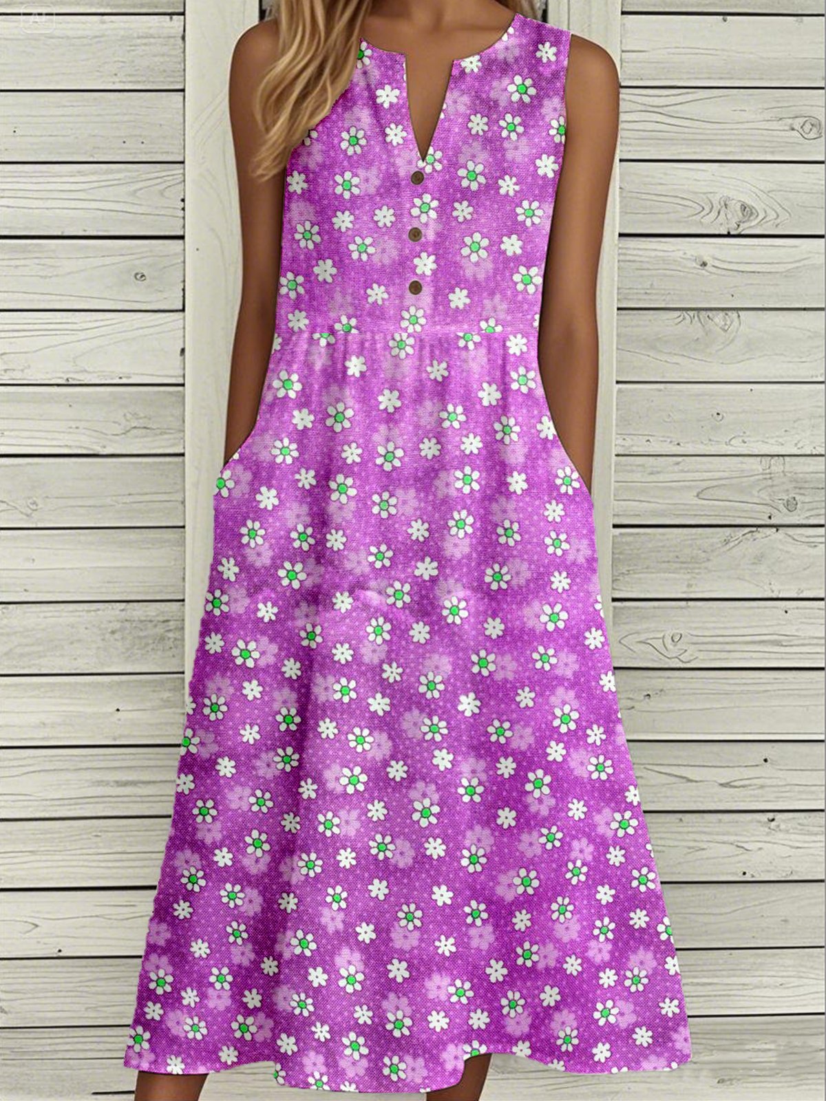 Femmes Floral Bleu Entaillé Confortable Boucle Robe Mi-Longue Décontracté