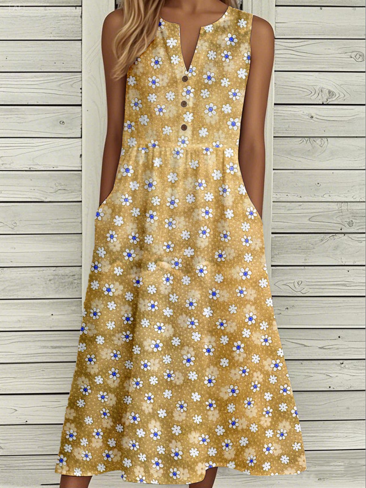 Femmes Floral Bleu Entaillé Confortable Boucle Robe Mi-Longue Décontracté
