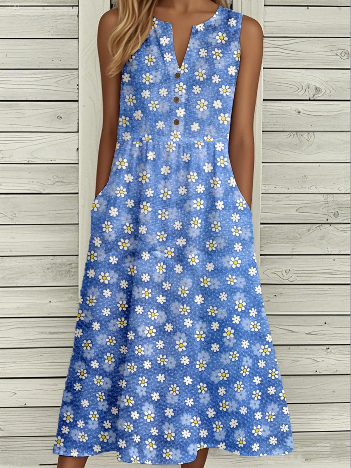 Femmes Floral Bleu Entaillé Confortable Boucle Robe Mi-Longue Décontracté