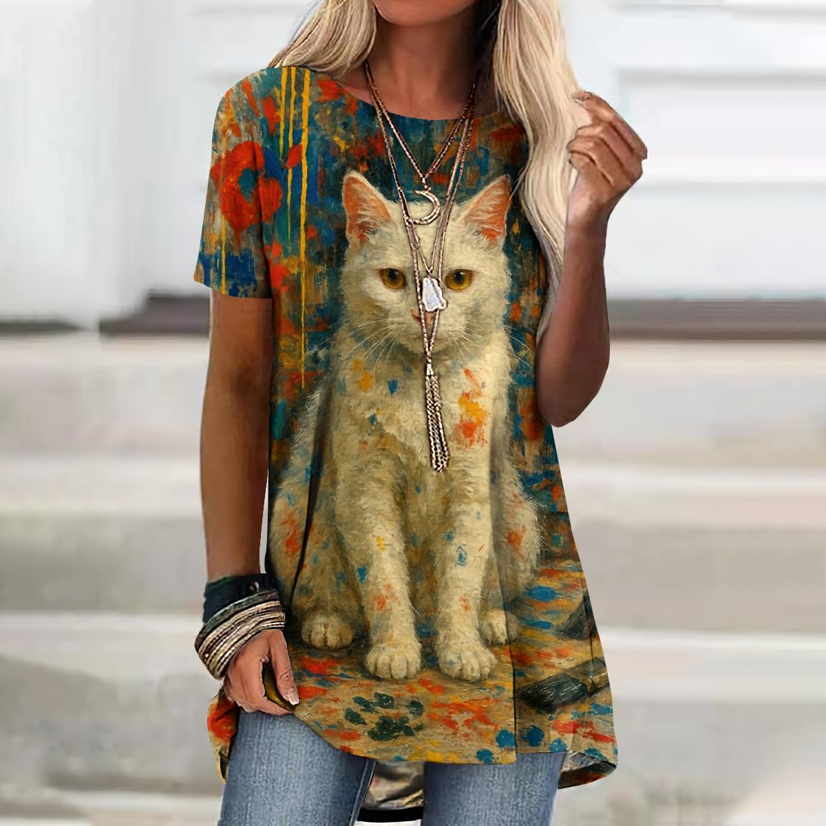 T-shirts Femmes Géométrique Décontracté Été Coton Micro-élasticité Quotidien Manches Courtes Long Trapèze