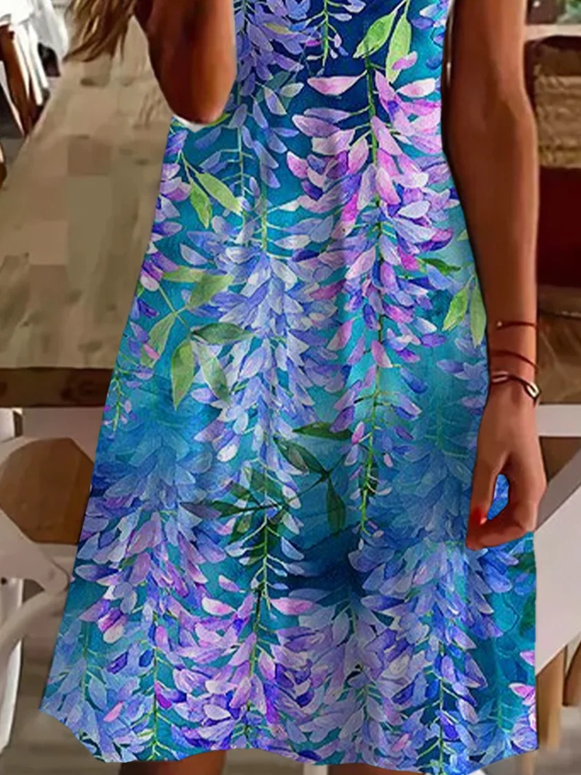 Femmes Floral Bleu violet Col V Confortable Robe Mi-Longue Décontracté