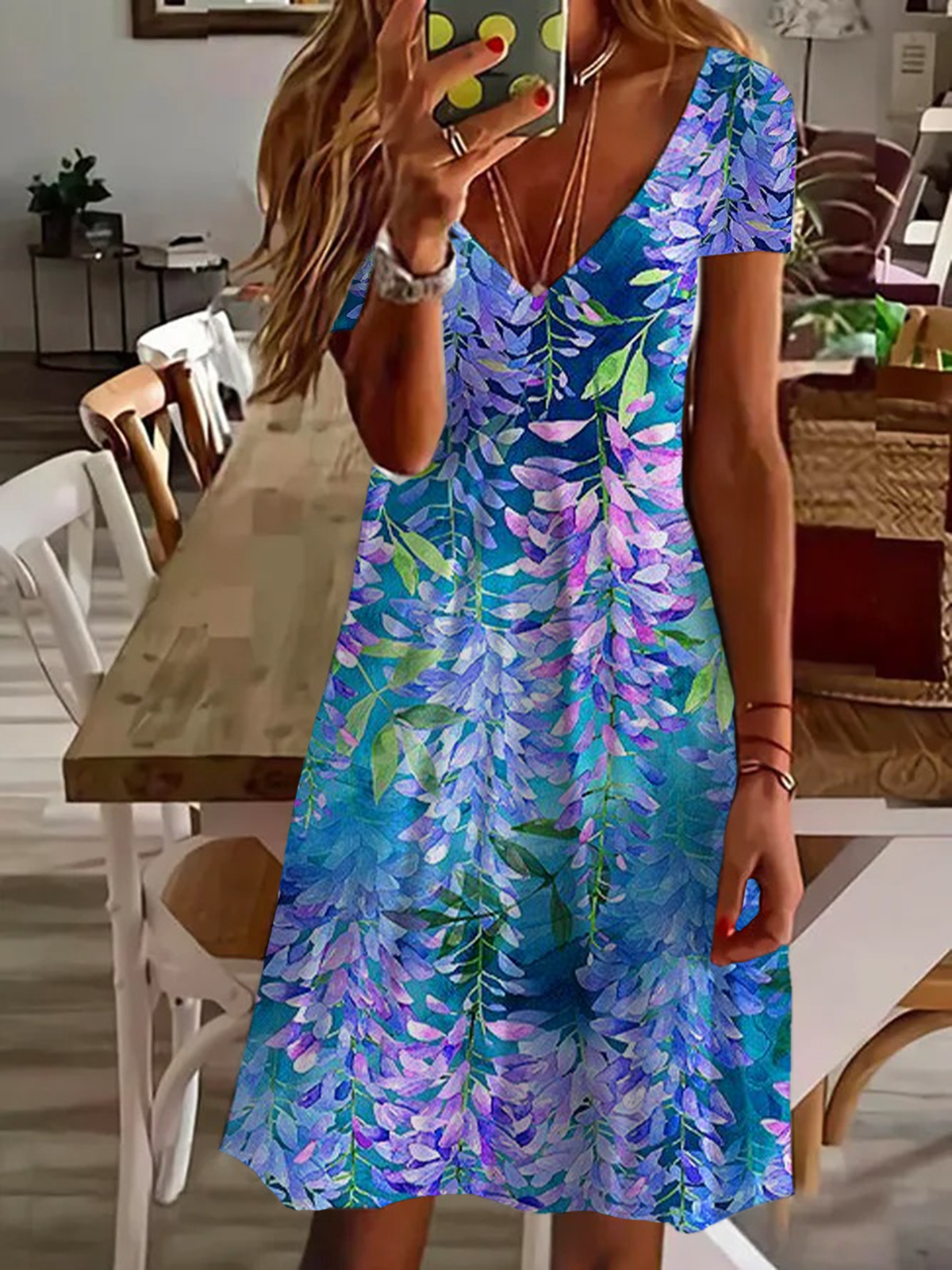 Femmes Floral Bleu violet Col V Confortable Robe Mi-Longue Décontracté