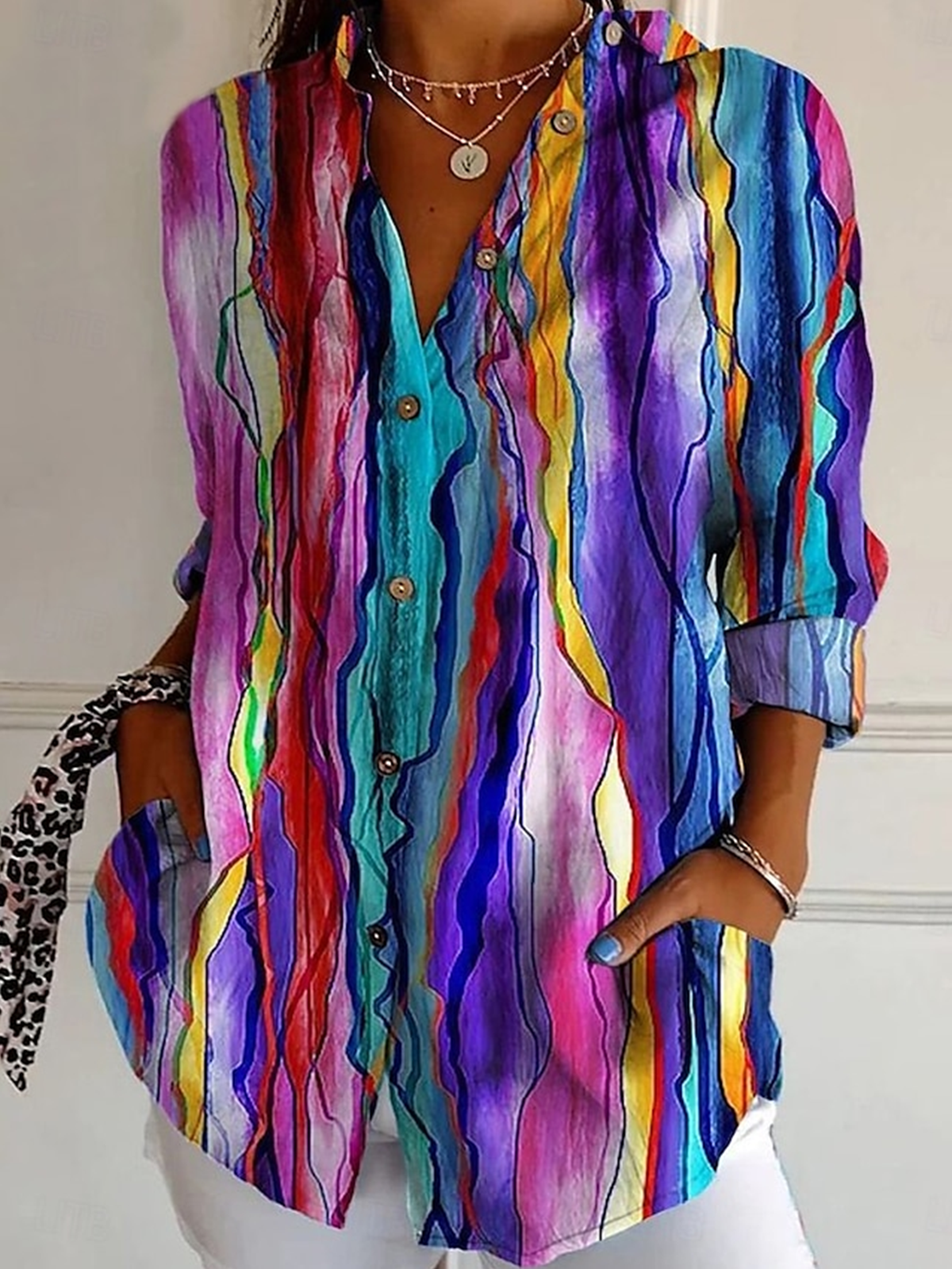 Chemises Bloc de Couleur Décontracté Printemps / Automne Coton Coupe Régulière Manches Longues Régulier Trapèze Col de Chemise pour Femmes