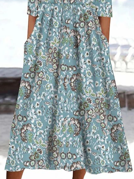 Femmes Floral Bleu Col Rond Confortable Imprimé Robe Maxi Décontracté