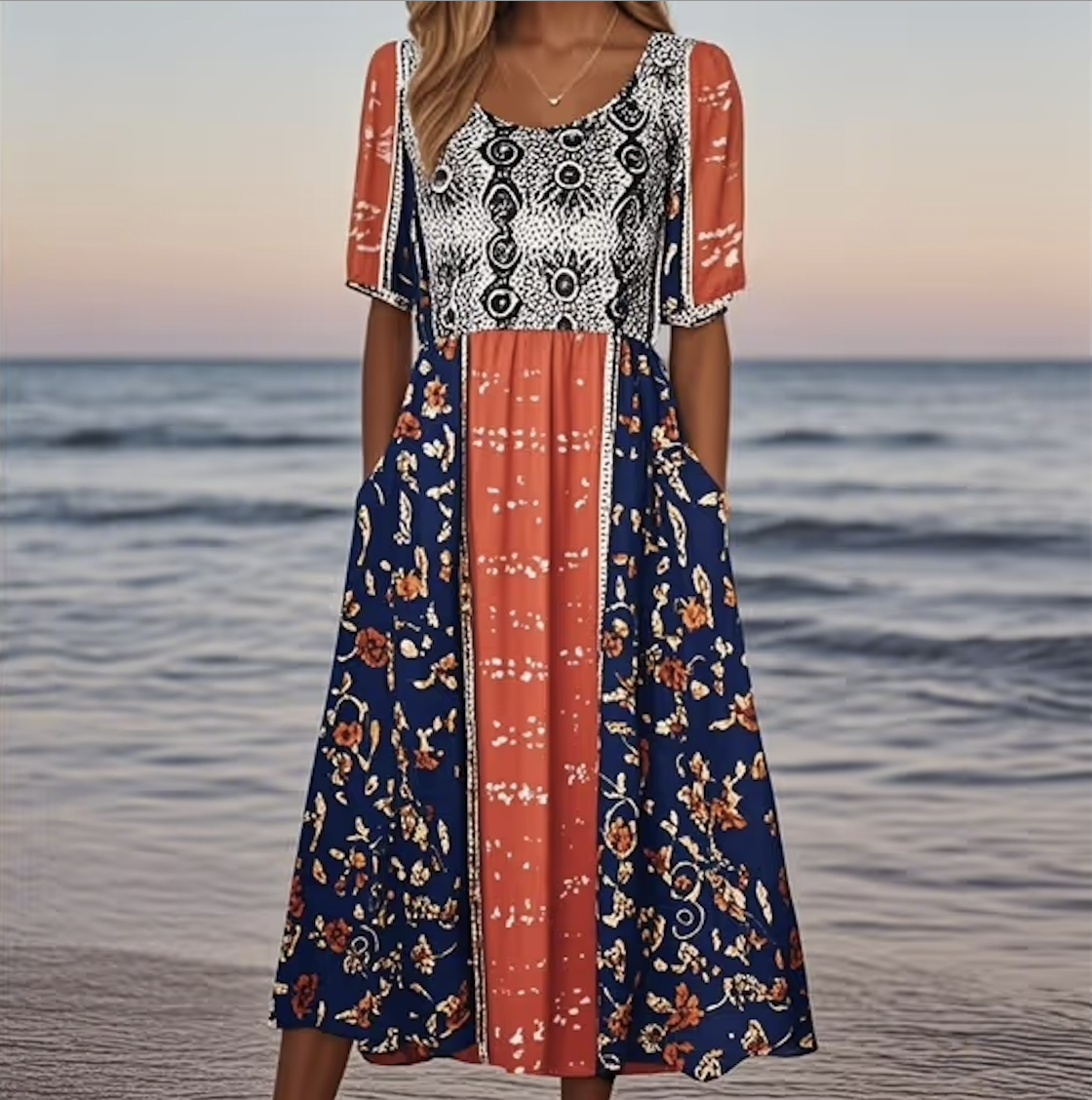 Femmes Floral Rouge Col Rond Confortable Robe Maxi Décontracté