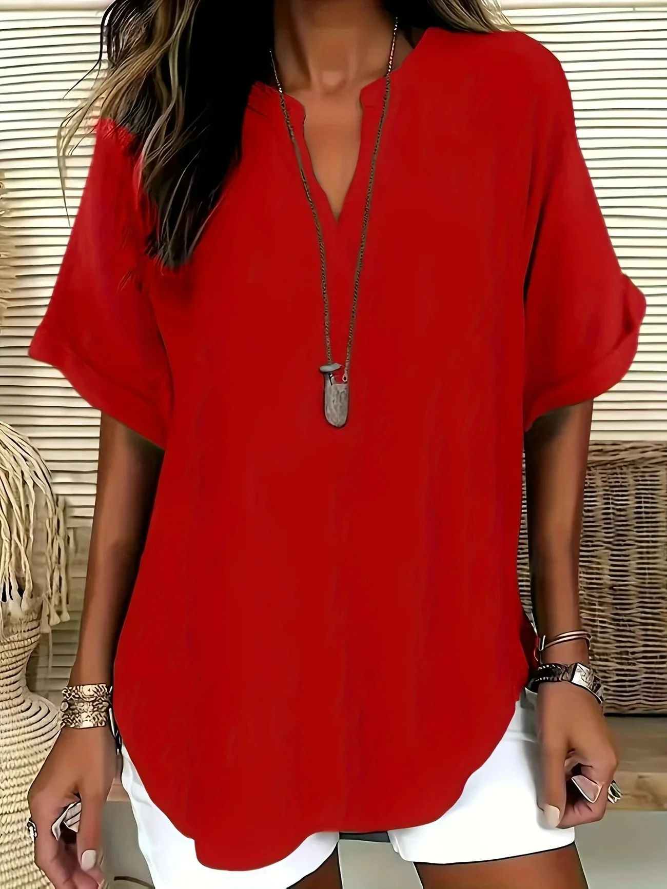 Blouses Femmes Élégant Plain Été Coton Aucune élasticité Demi Manche Col Châle Régulier Droit