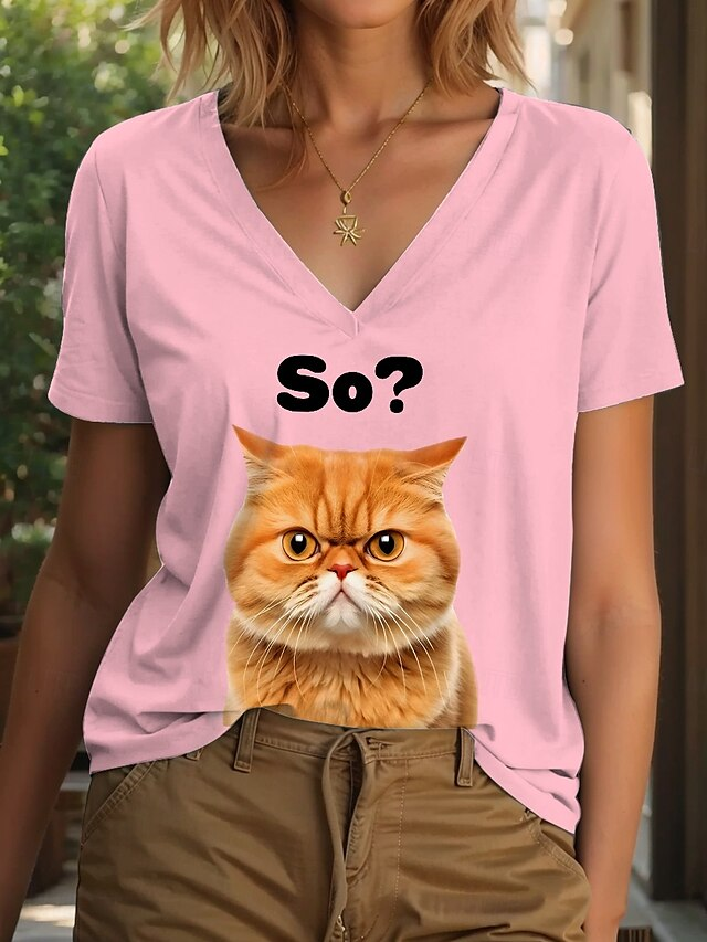 T-shirts Femmes Décontracté Été Chat Coton Col V Micro-élasticité Coupe Régulière Manches Courtes Trapèze