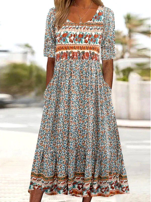 Femmes Floral Bleu Col Rond Confortable Robe Maxi Décontracté