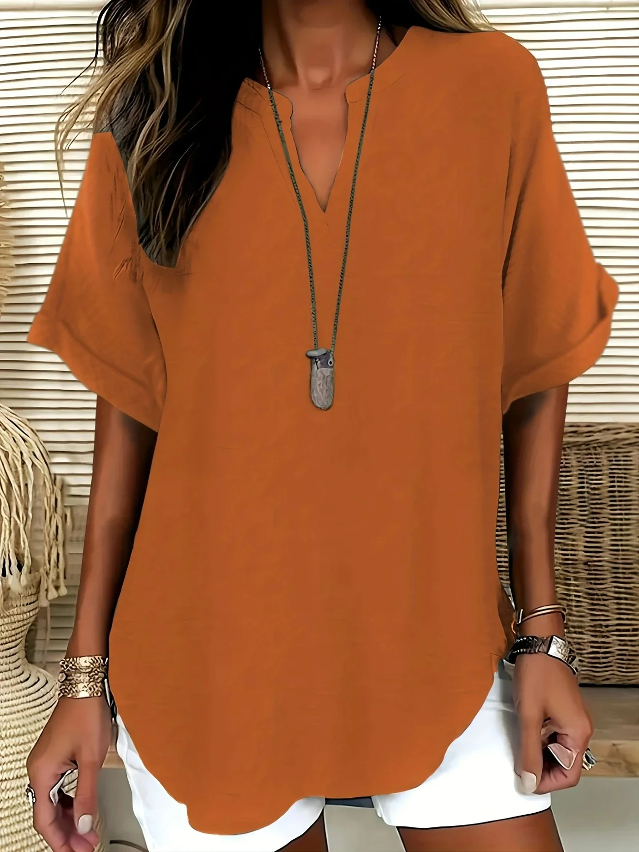 Blouses Femmes Élégant Plain Été Coton Aucune élasticité Demi Manche Col Châle Régulier Droit