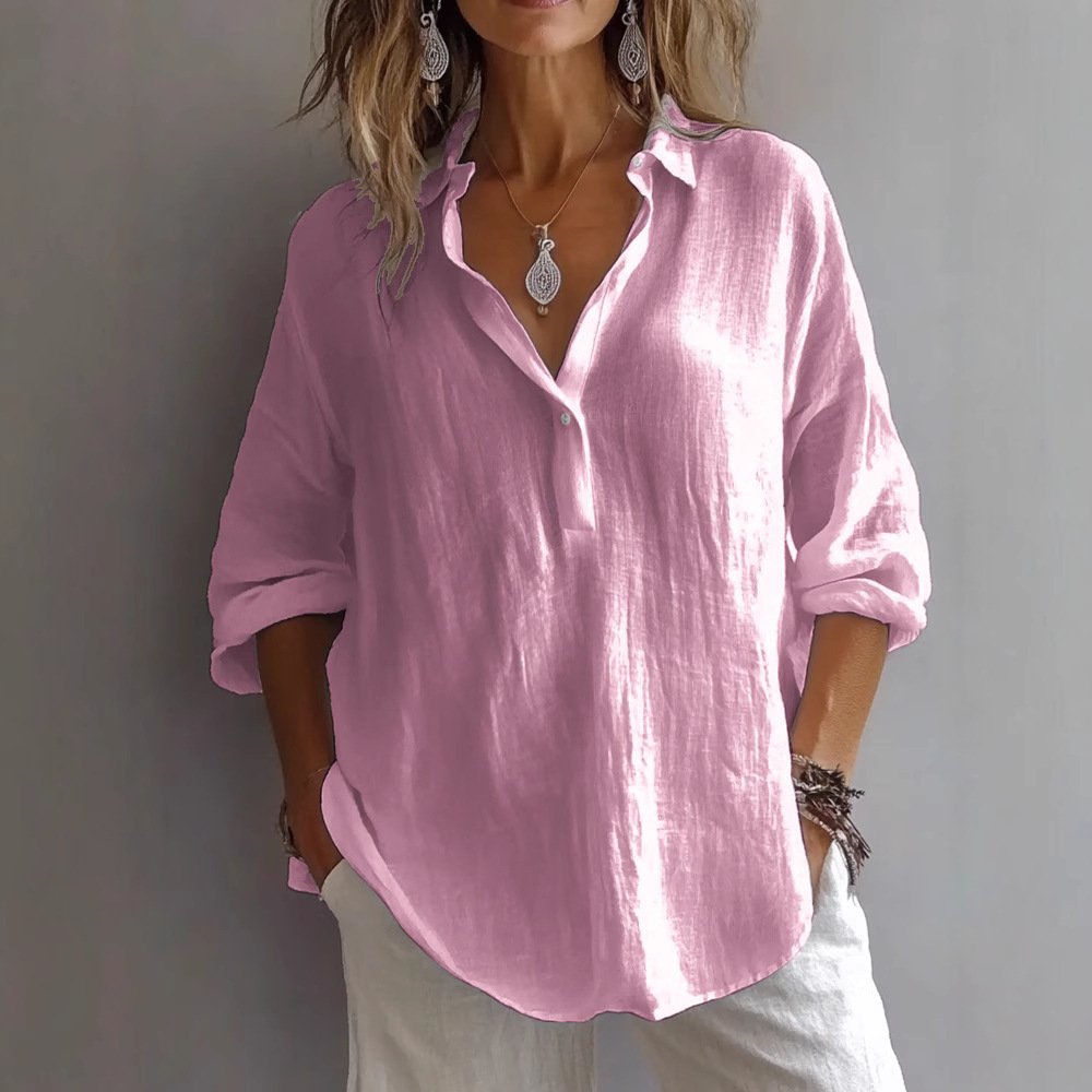 Chemises Décontracté Plain Printemps / Automne en Lin Micro-élasticité Régulier Trapèze Régulier Col de Chemise pour Femmes