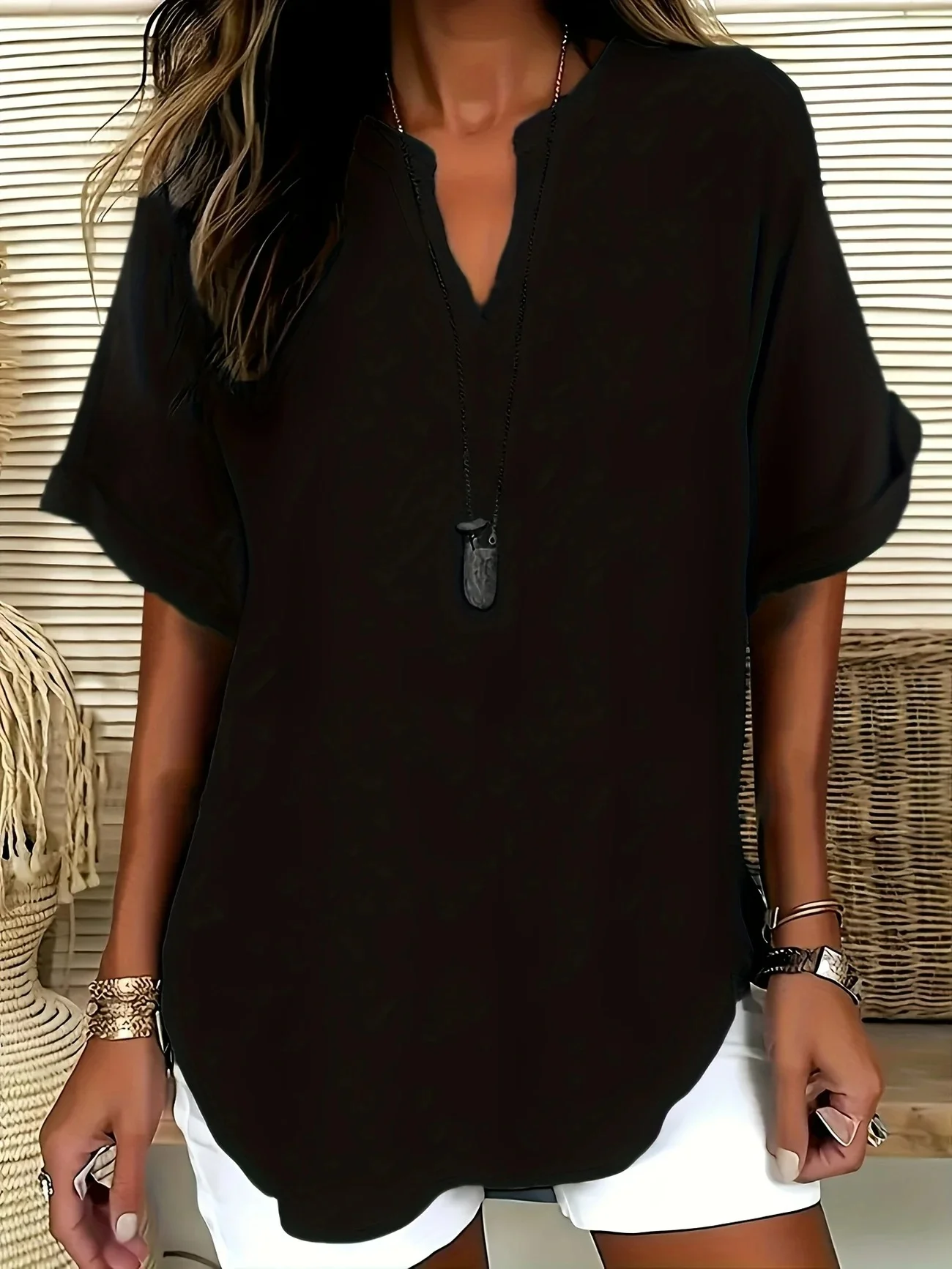 Blouses Femmes Élégant Plain Été Coton Aucune élasticité Demi Manche Col Châle Régulier Droit