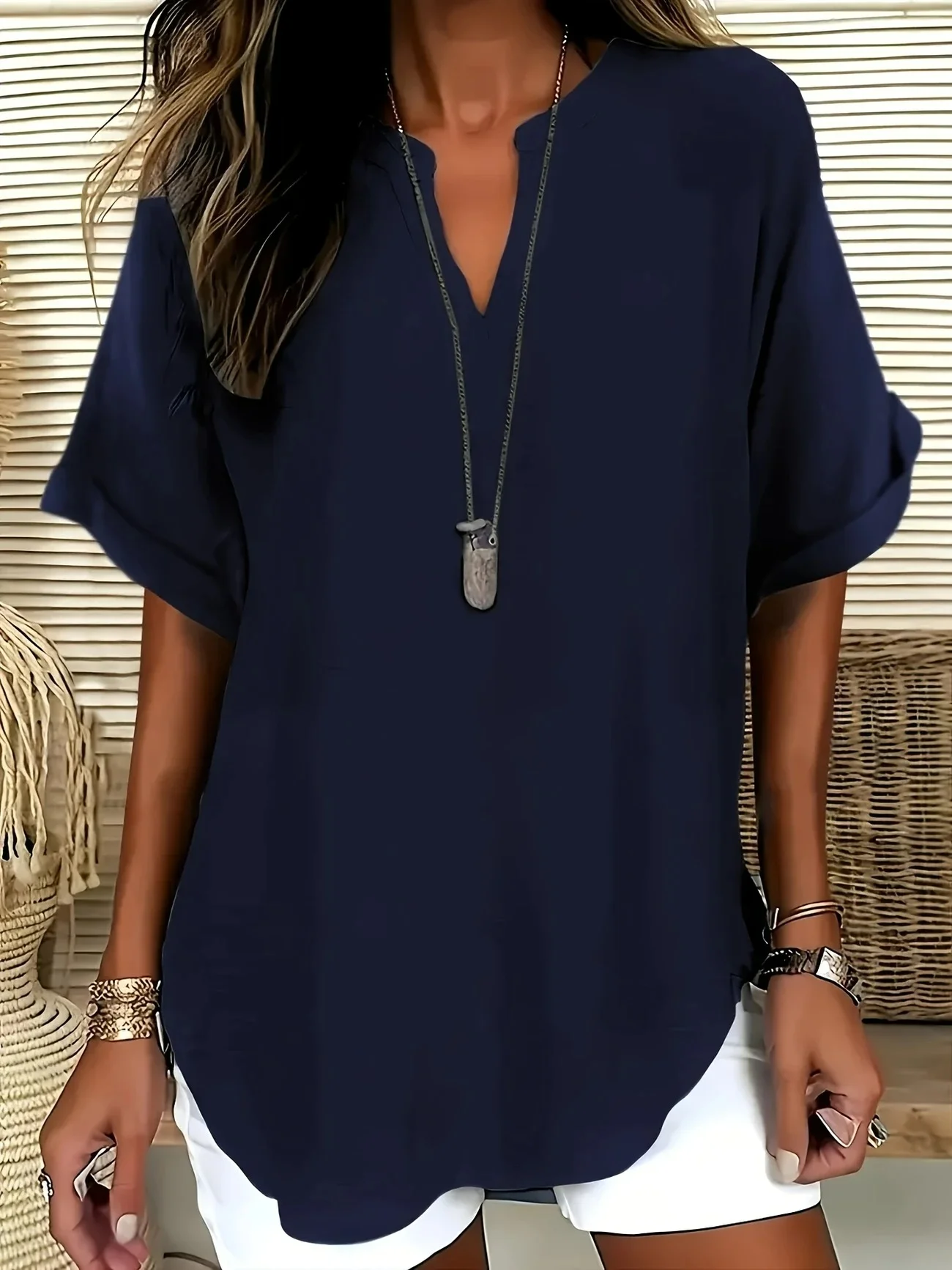Blouses Femmes Élégant Plain Été Coton Aucune élasticité Demi Manche Col Châle Régulier Droit