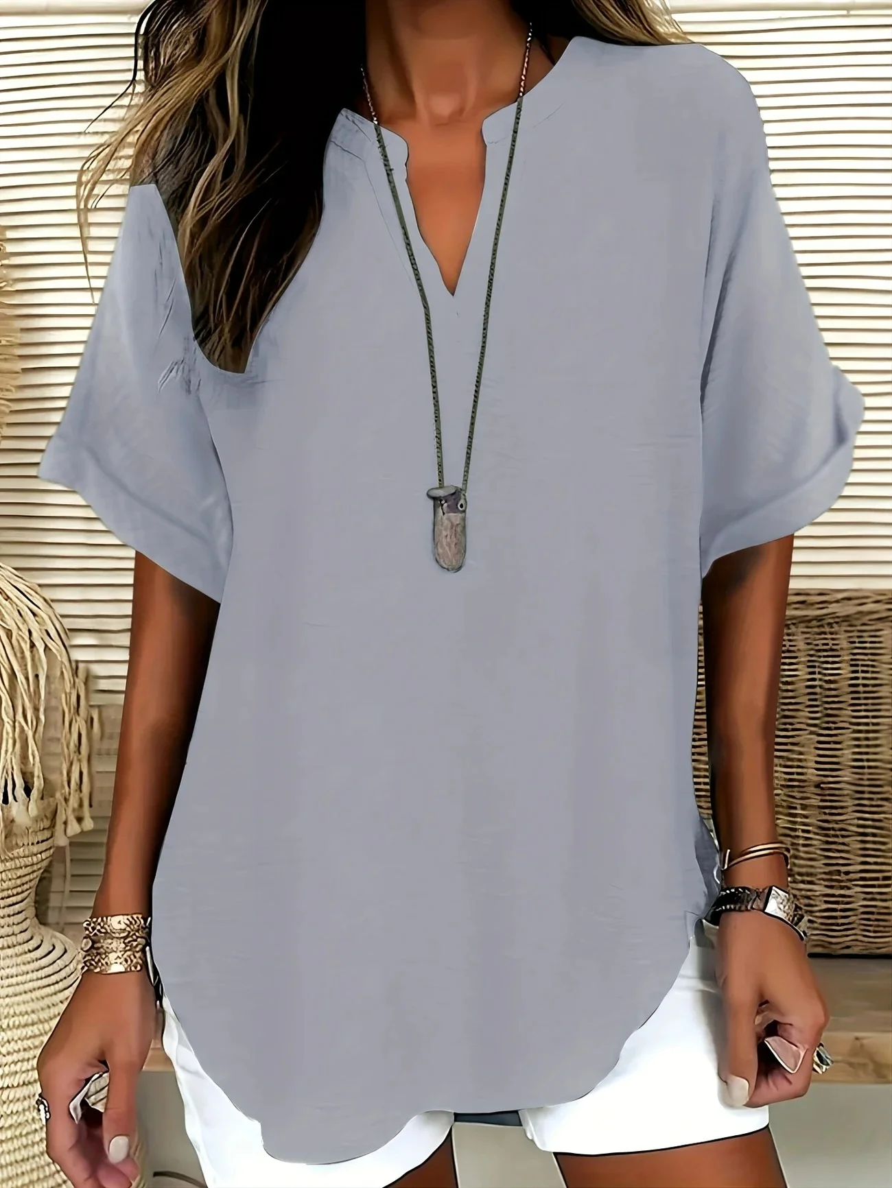 Blouses Femmes Élégant Plain Été Coton Aucune élasticité Demi Manche Col Châle Régulier Droit