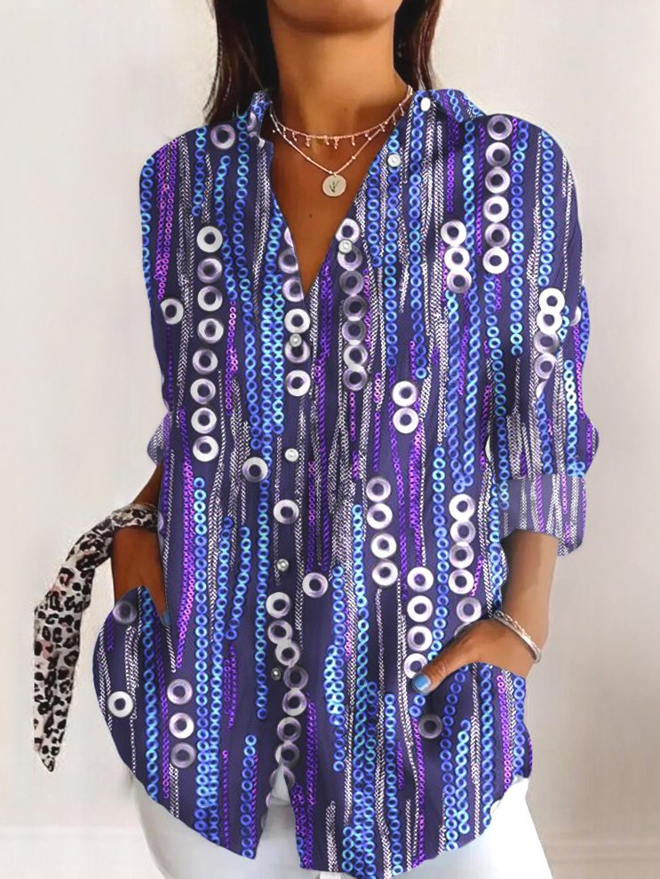 Chemises Bloc de Couleur Décontracté Printemps / Automne Polyester Micro-élasticité Manches Longues Régulier Trapèze Col de Chemise pour Femmes