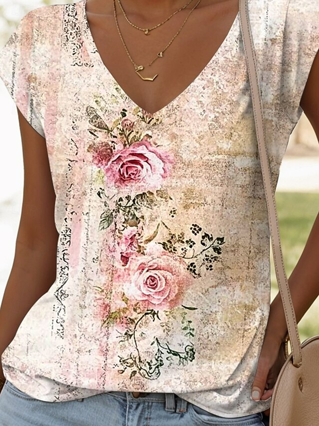 T-shirts Décontracté Floral Été Micro-élasticité Quotidien Manches Courtes Régulier Trapèze Régulier pour Femmes
